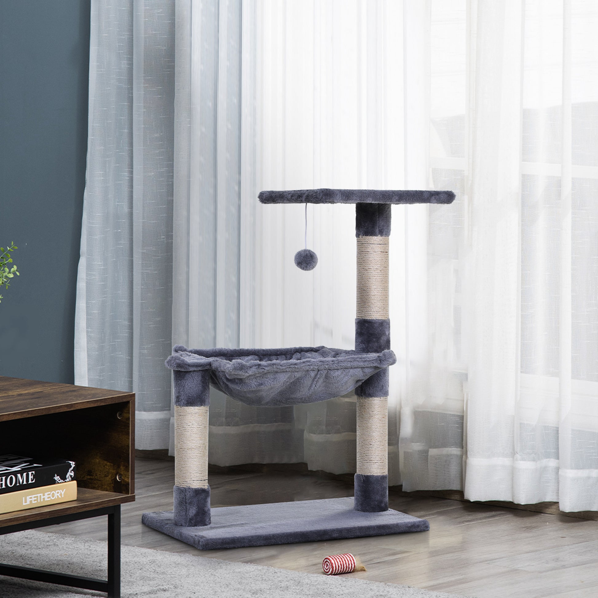 Pawhut Árbol Rascador Para Gatos 50x36x70 Cm Con Hamaca Plataforma Bola Gris_1