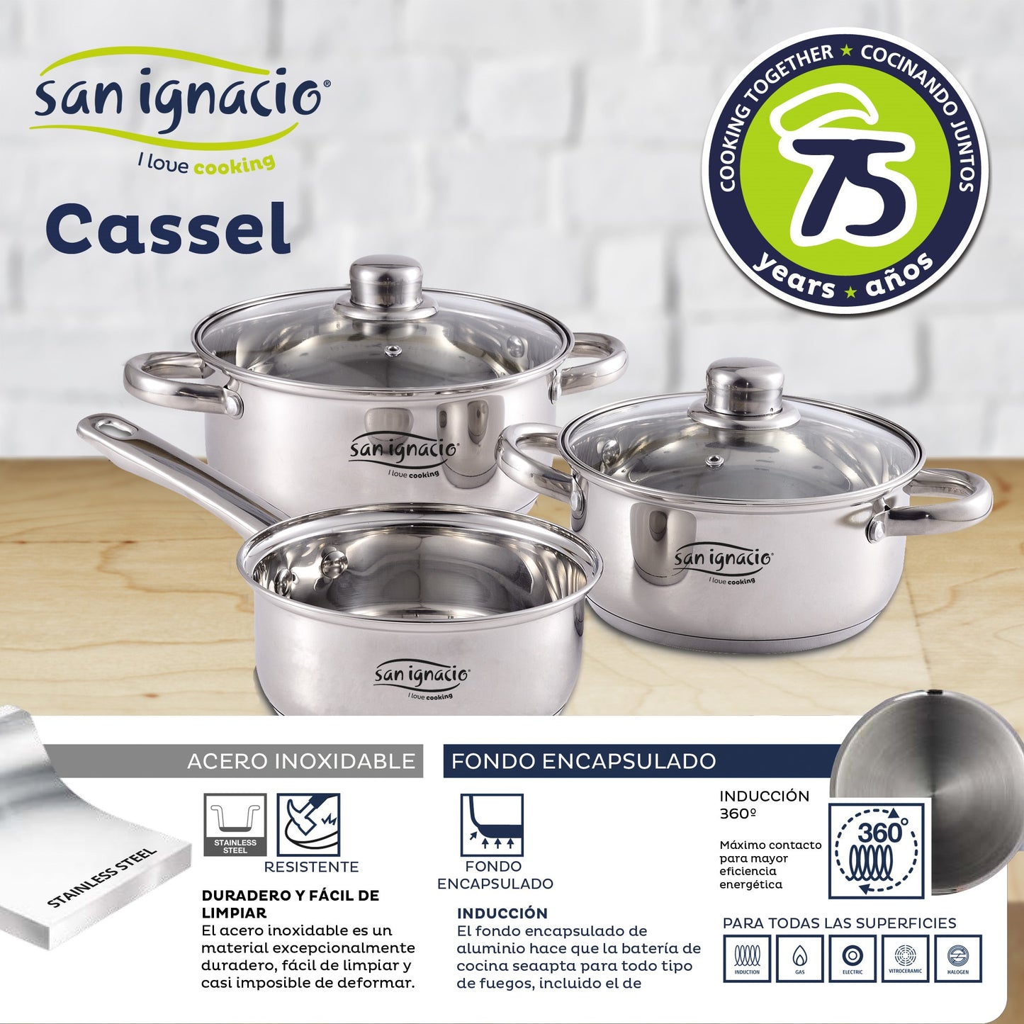 Batería de Cocina San Ignacio Cassel 5 Pzas en Acero Inox con Sartenes de Aluminio Forjado