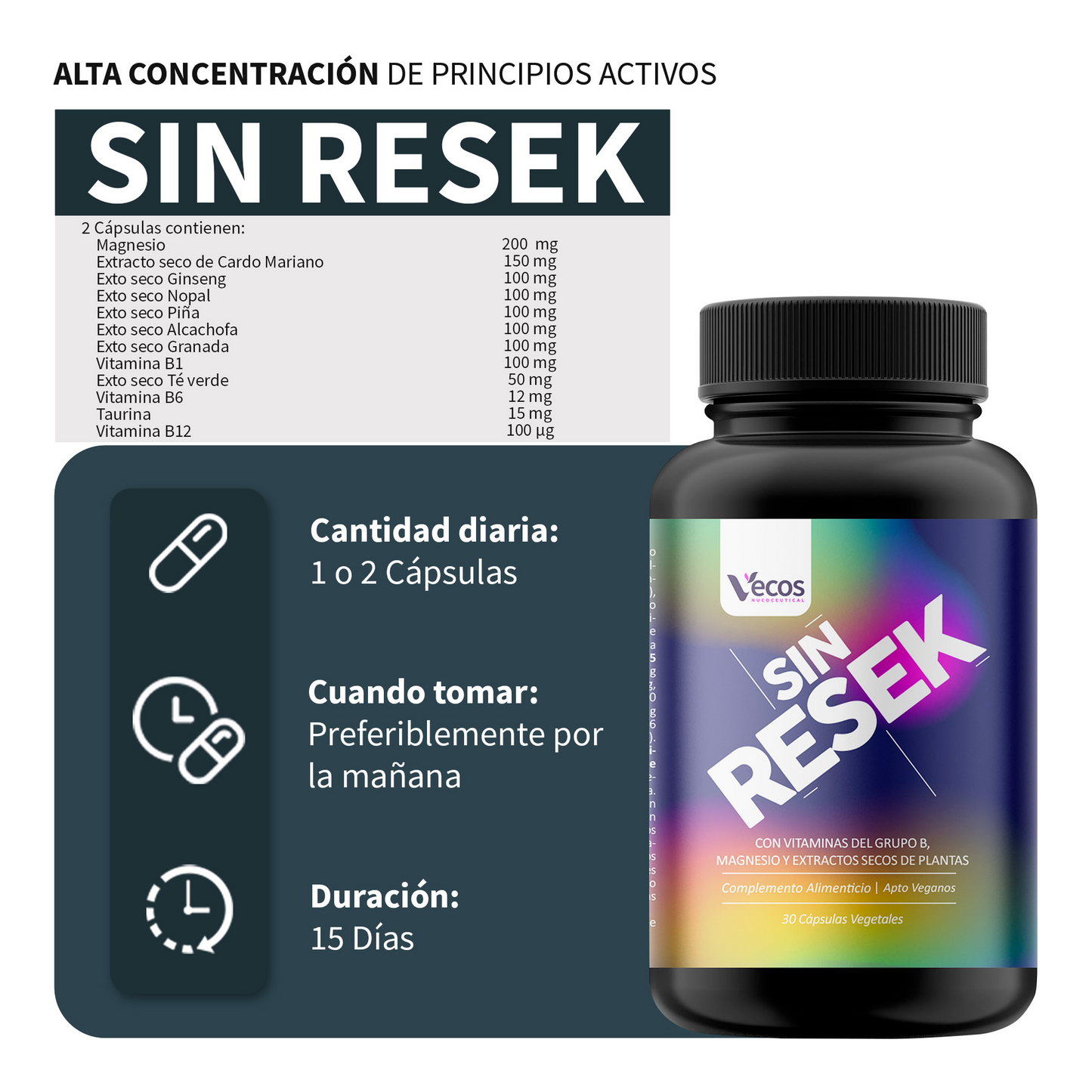 Sin Resek VECOS 30 cápsulas | Alivio del Exceso de Consumos, Detox y Rehidratación | Magnesio + Cardo Mariano_2