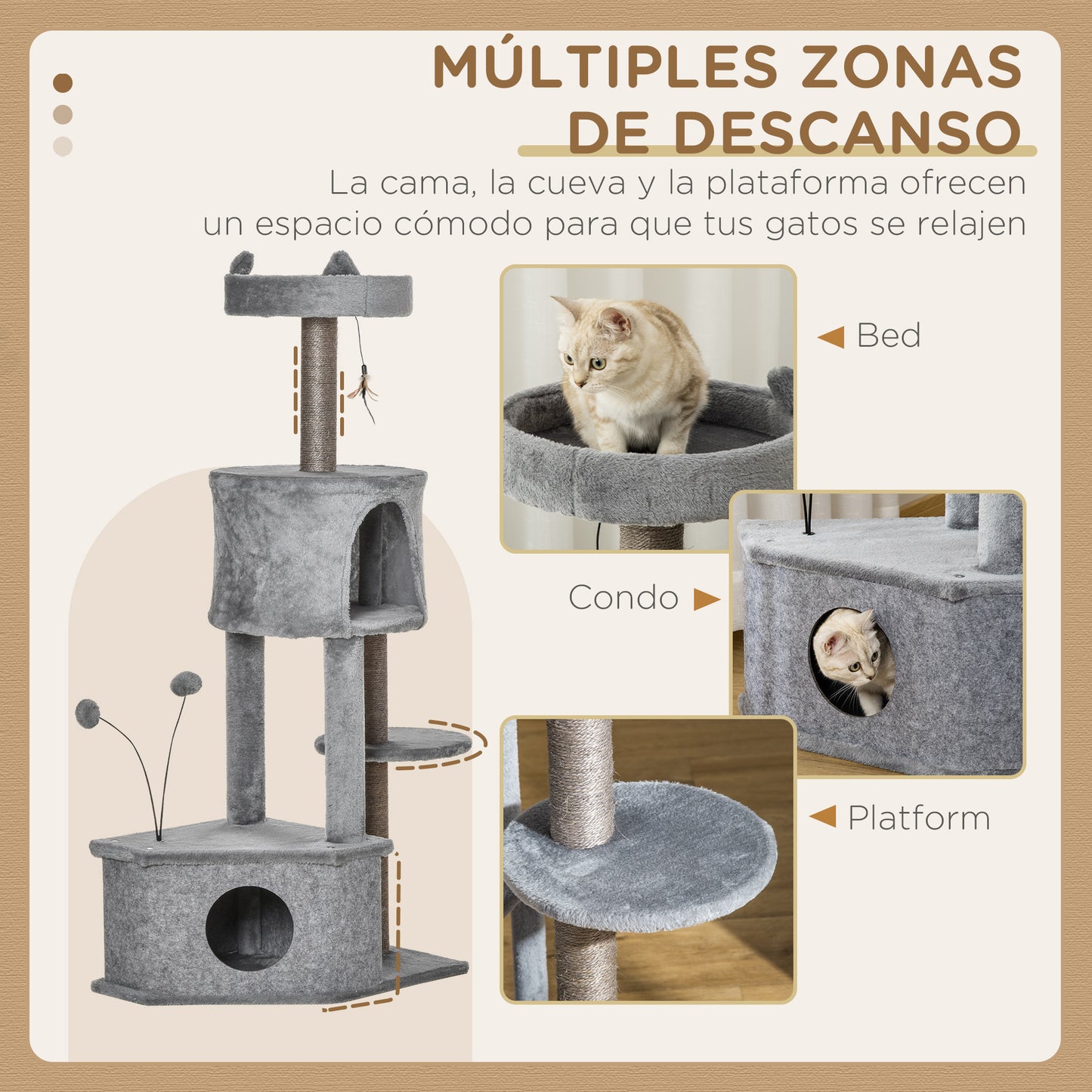 Pawhut Árbol Rascador Para Gatos 60x40x133cm Con Nido Cueva De Fieltro Extraíble_5