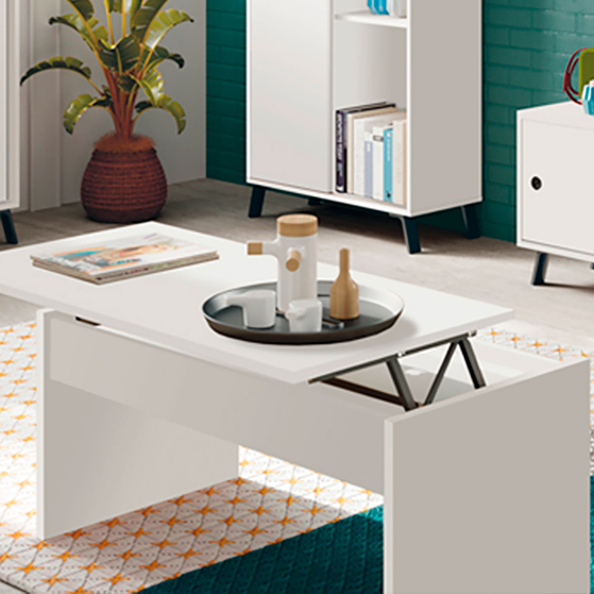 Mesa Centro Elevable, Comedor, Salón, Mesita Café Auxiliar Para Sofá, 47x100x50cm/58x100x50cm, Briebe, Opal, Blanco_2