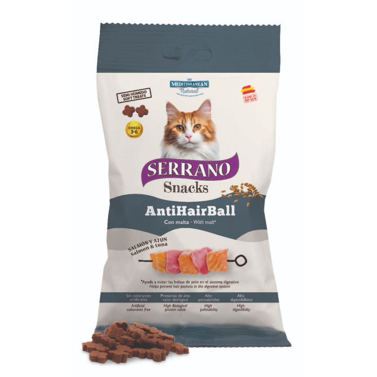 Serrano Snacks AntiHairBall salmão e atum com malte para gatos 50 g