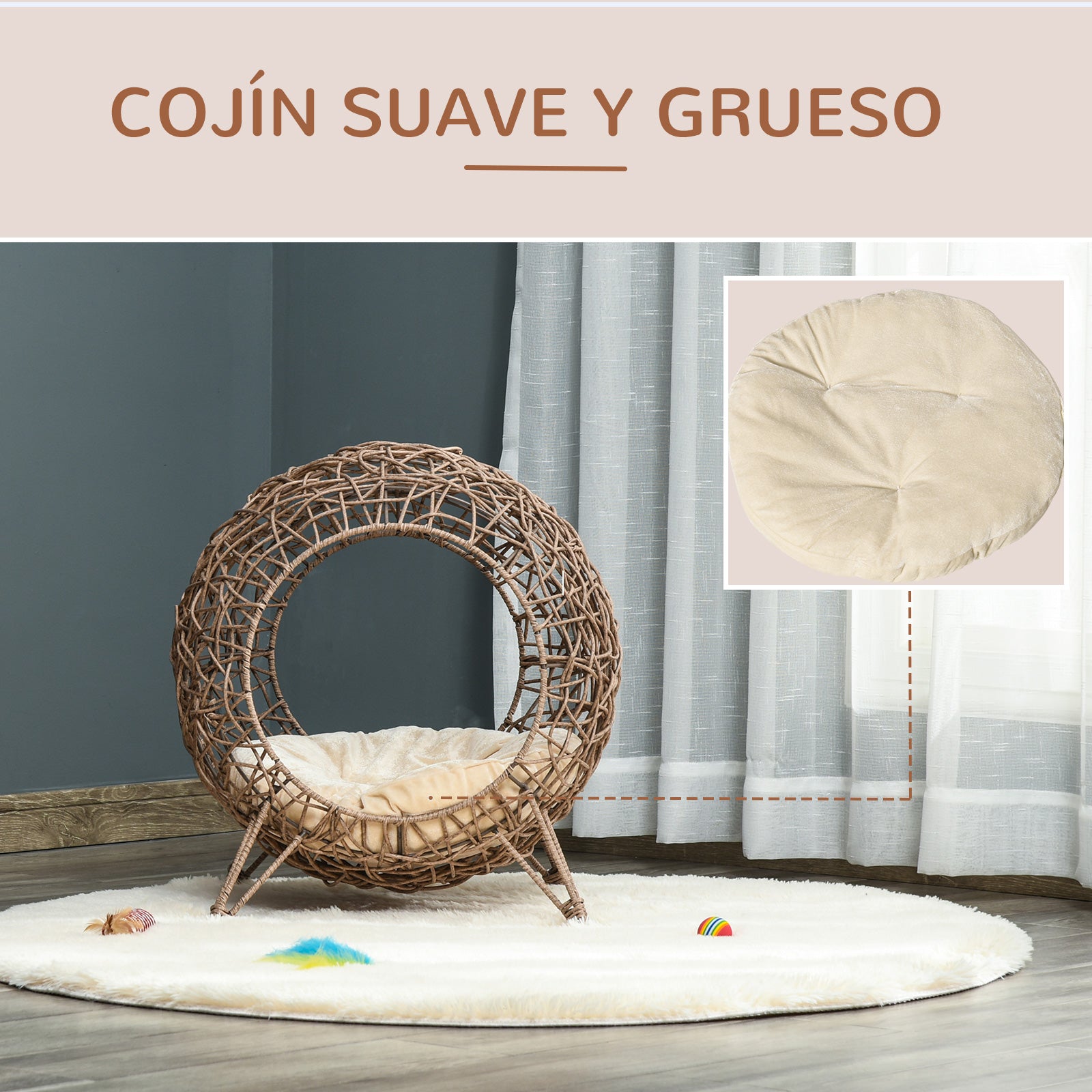 Pawhut Cama Cueva Para Gatos De Ratán Con Base Trípode Cojín Suave 2 Entradas_5