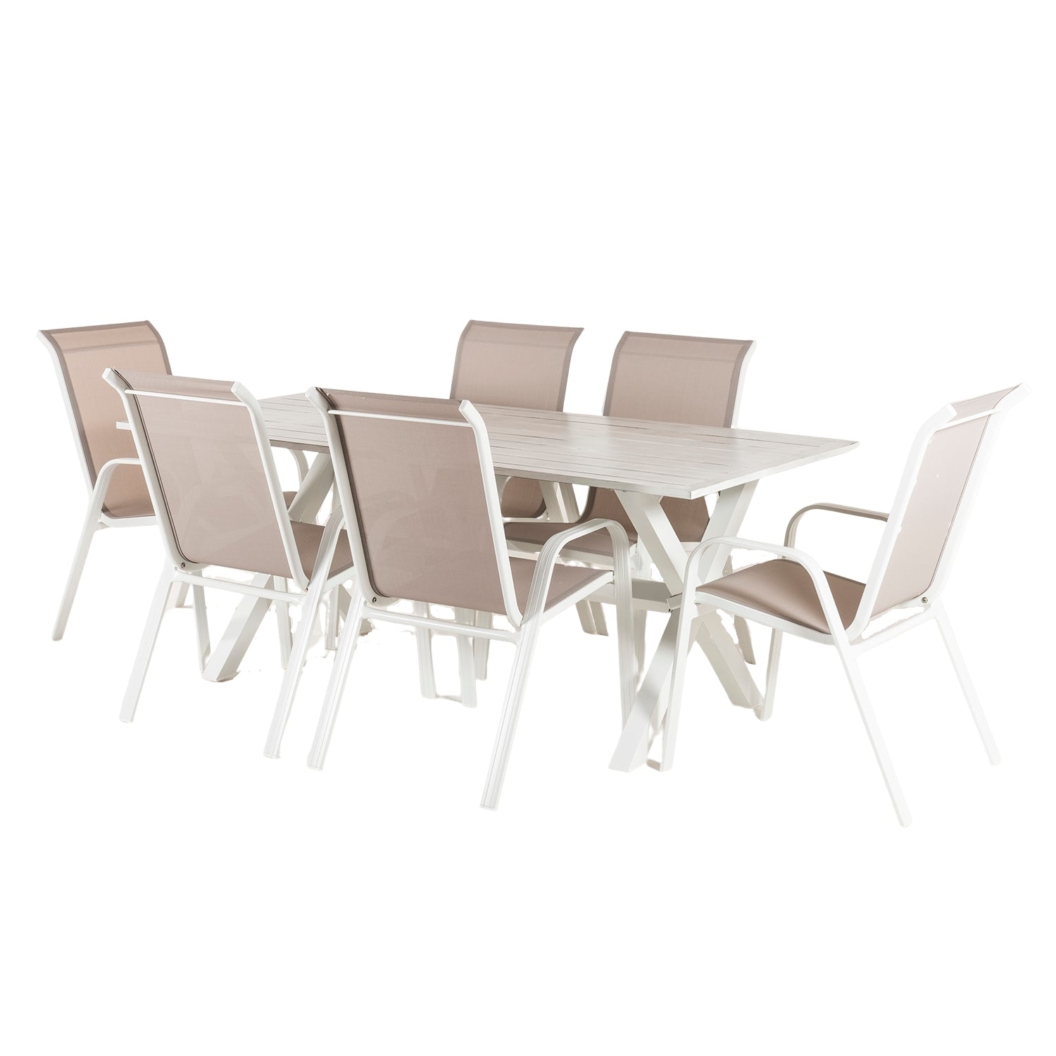 Conjunto Para Jardín Color Blanco, Mesa Grande De 190 Cm Y 6 Sillones Apilables, Aluminio Reforzado, 6 Plazas_0