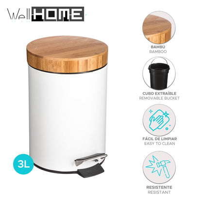 Well Home Papelera Metálica 3l Diseño En Bambú 'natureo' Ideal Para Baño O Escritorio_1