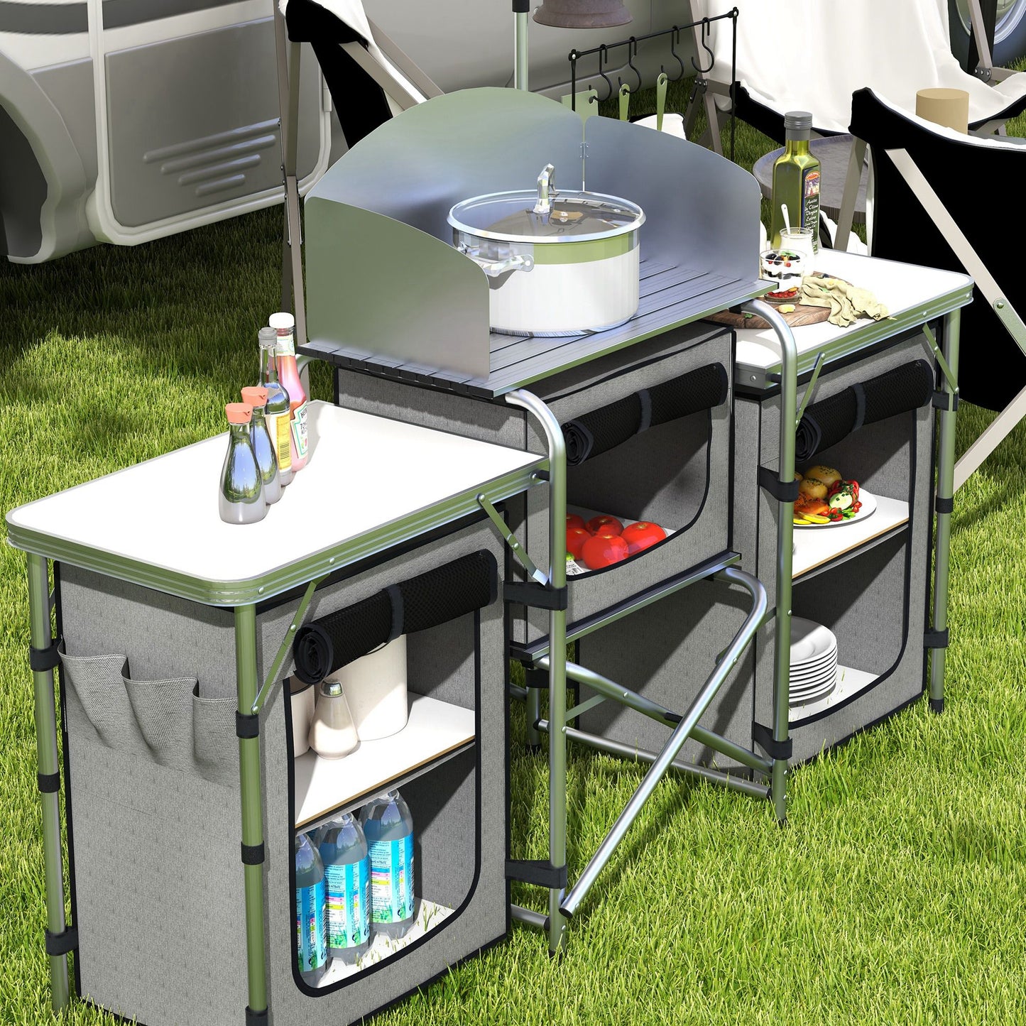 Outsunny Mueble De Cocina Para Camping Con 3 Mesas 172x48x130 Cm Gris_3
