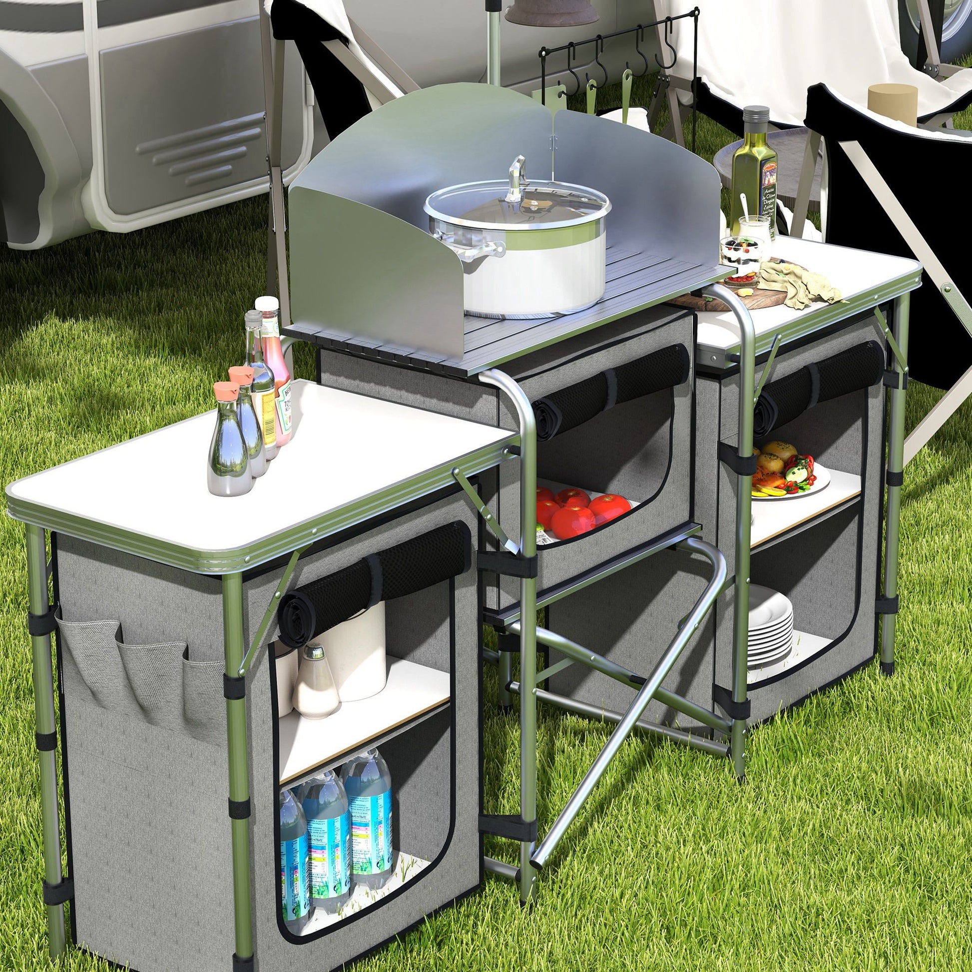 Outsunny Mueble De Cocina Para Camping Con 3 Mesas 172x48x130 Cm Gris_3