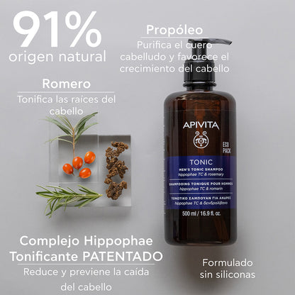 Champô tonificante para homem contra a queda de cabelo - Ecopack APIVITA, 500 ml