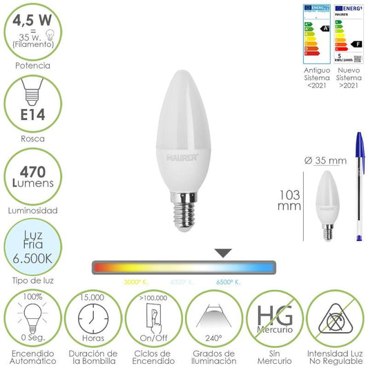 Bombilla Led Vela Rosca E14. 4,5 Watt. Equivale A 35 Watt. 470 Lumenes. Luz Fira (6500º K.)_0