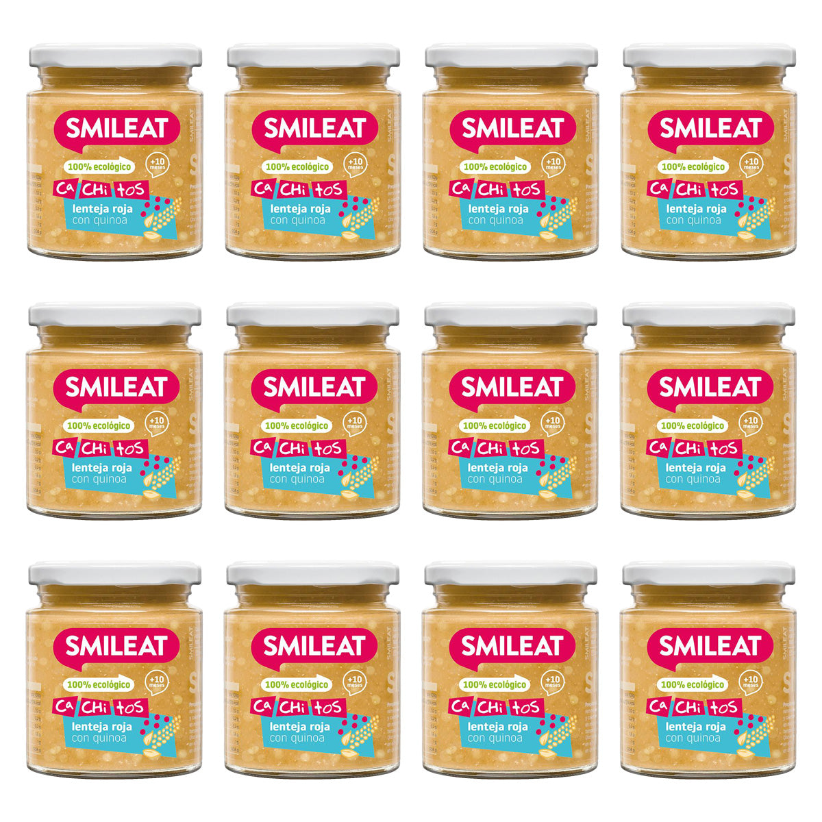 Embalagem de 12 frascos de lentilhas biológicas com quinoa CA CHI TOS Smileat 230g
