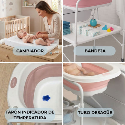 Bathby | Bañera Bebé 5 En 1 Plegable Con Soporte, Cambiador, Bandejas, Desagüe (rosa Standard)_5