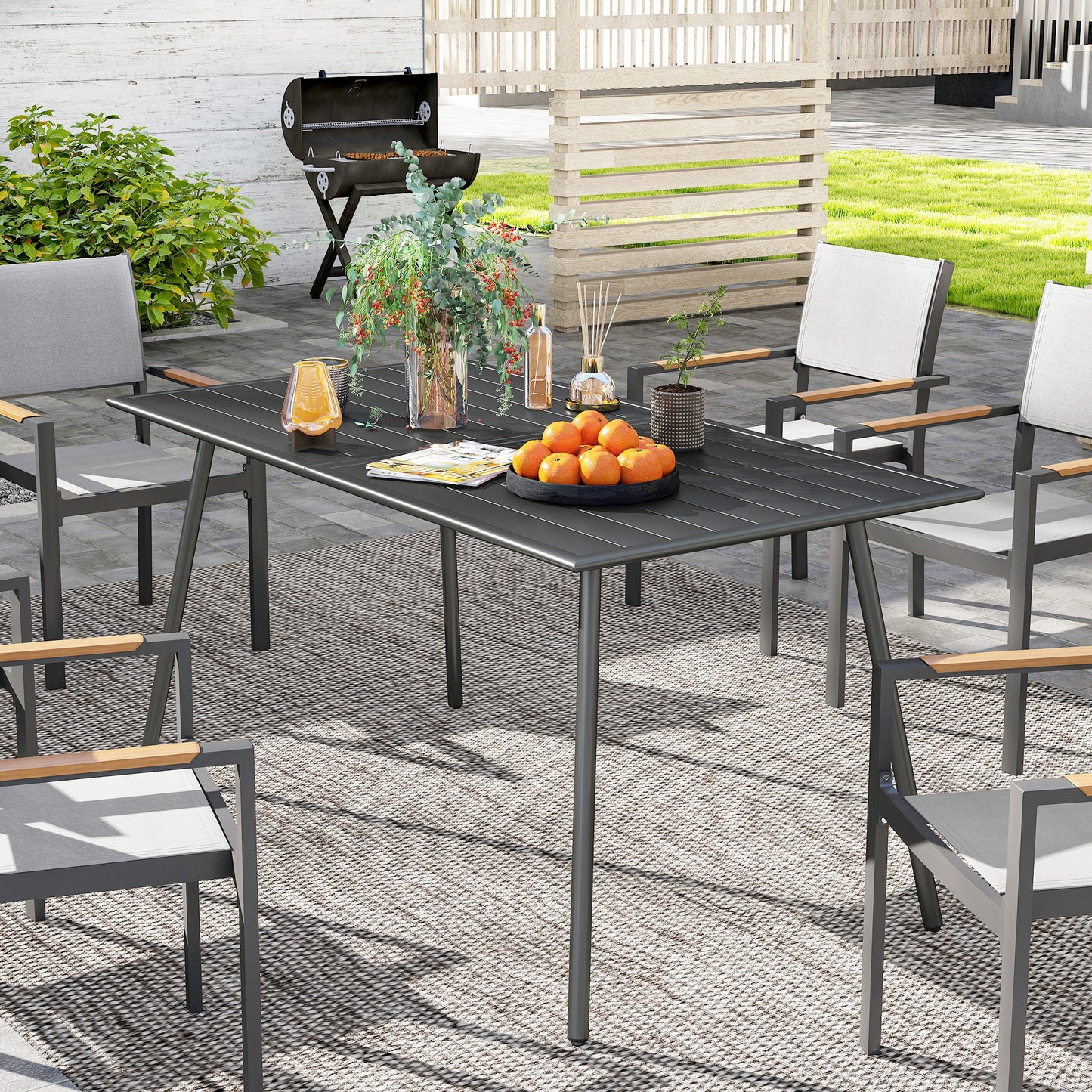 Outsunny Mesa Jardín Exterior Rectangular De Acero 150x80x74 Cm Gris Oscuro_1