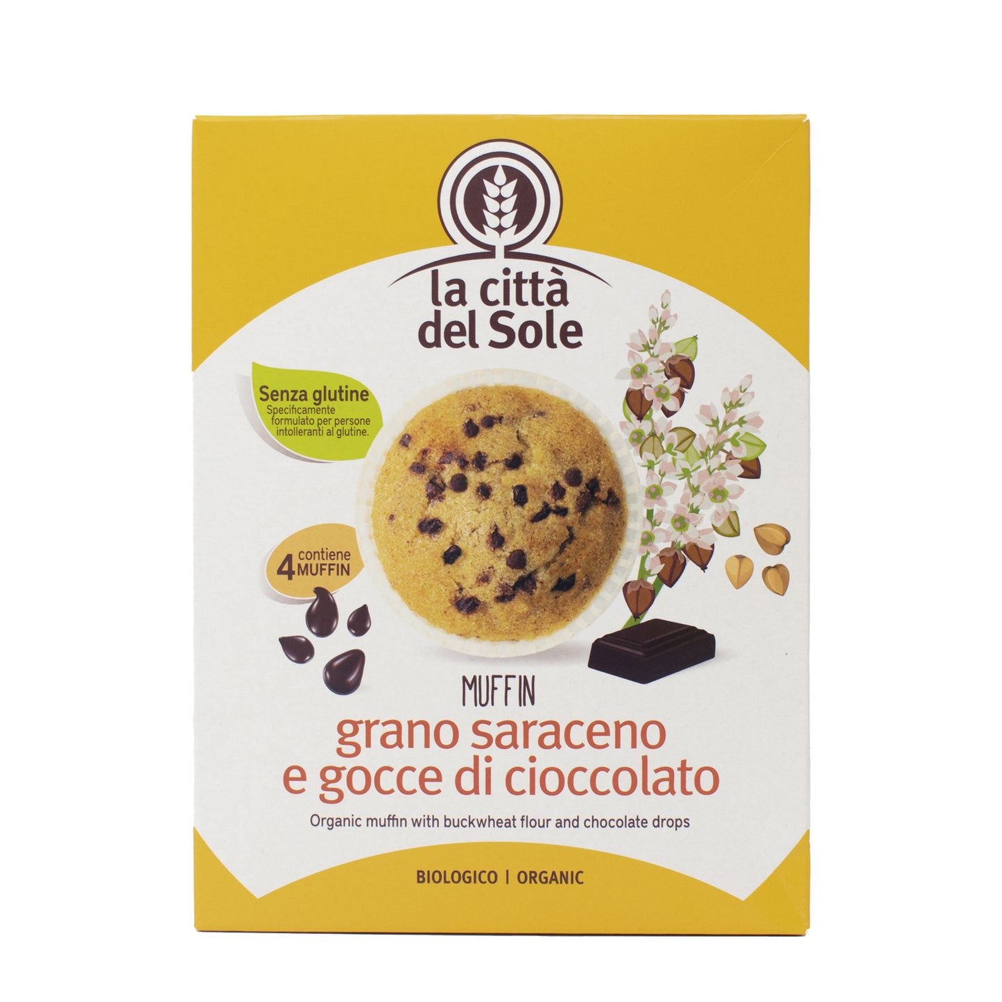 Muffins de trigo sarraceno com pepitas de chocolate, La Città del Sole, 4 x 45 g