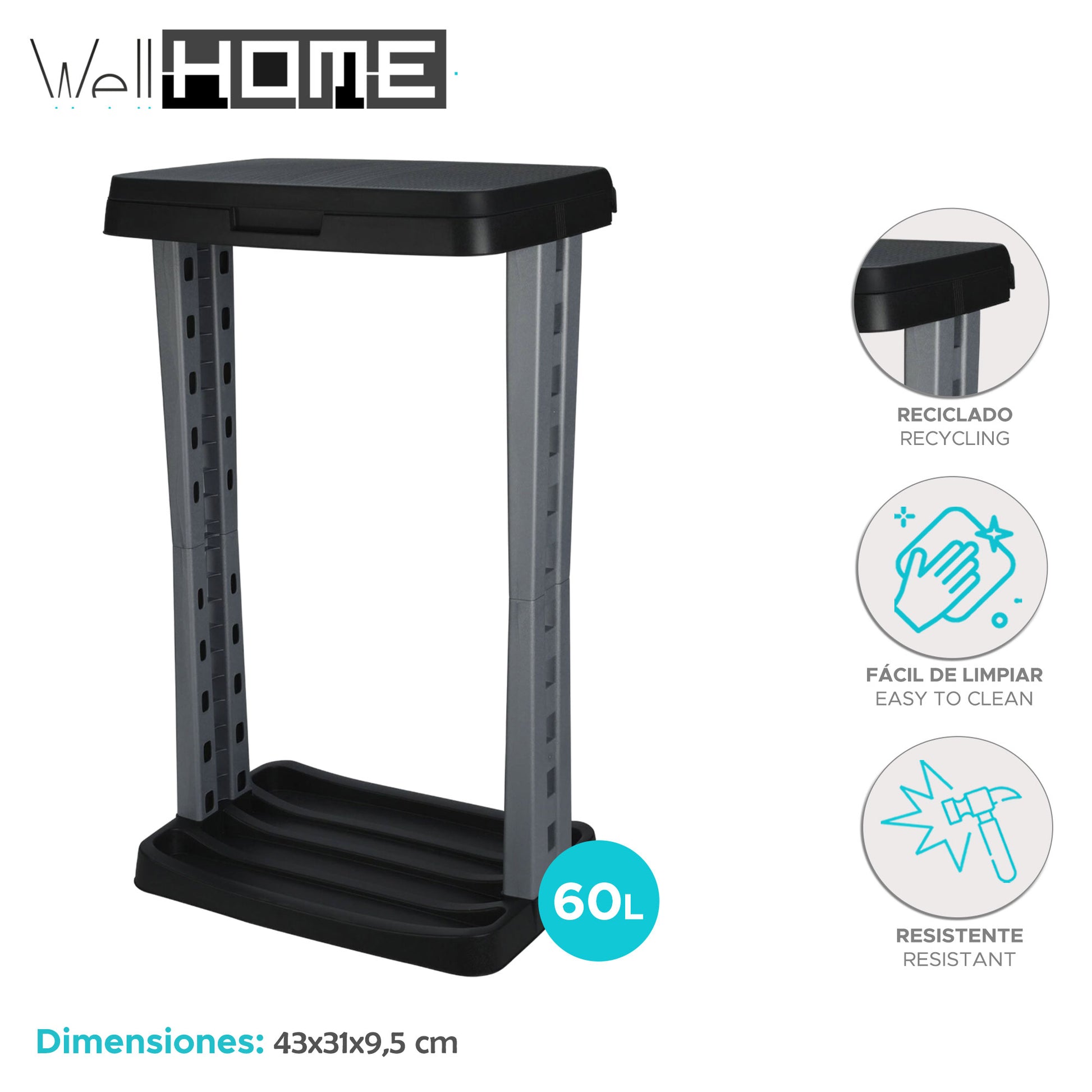 Well Home Porta Bolsas De Basura 60l En Color Antracita 100% Reciclable 43x31x9,5cm_1