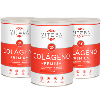 Pack 3 botes Colágeno Hidrolizado Viteba Sport 330 g x 3 + Vit. C + B2 + B3 + Magnesio + Manganeso │ SIN sabor NI olor