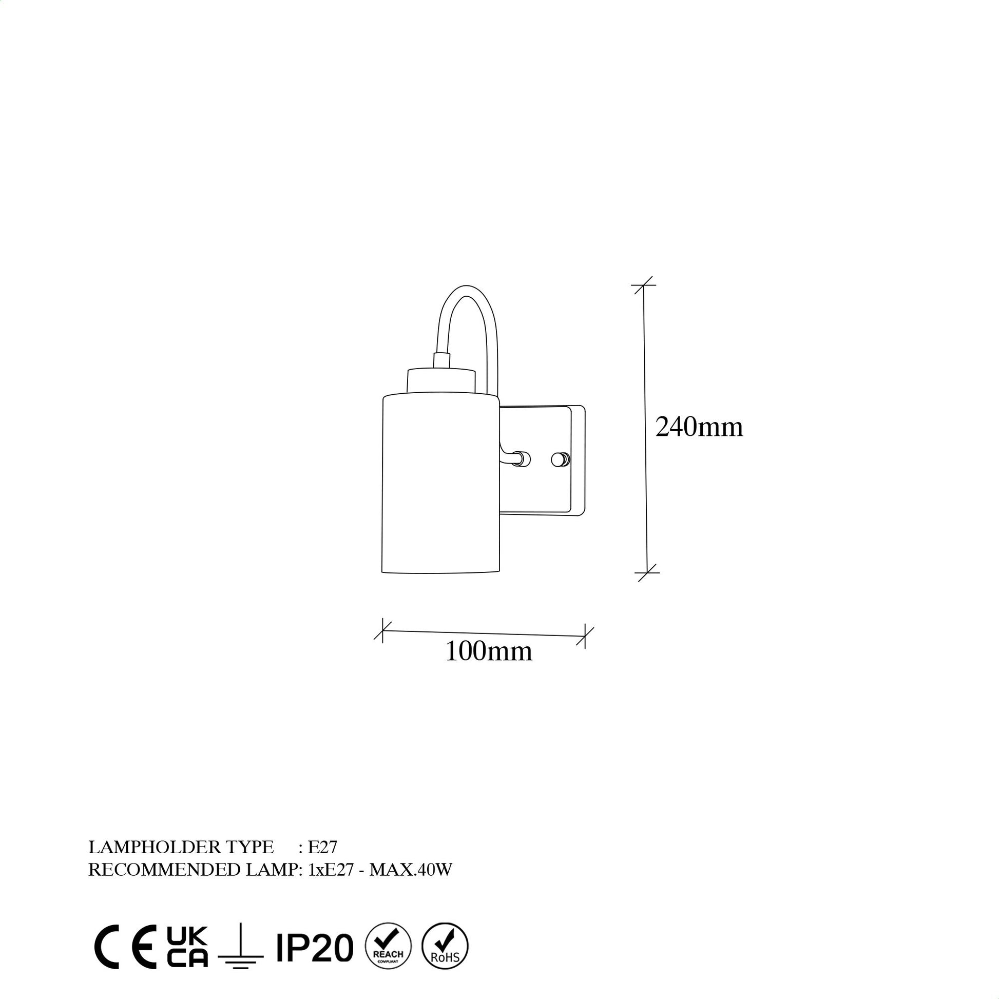 Aplique De Pared, Metal , Negro, 10x23x24, Casquillo E27 Max 40 W