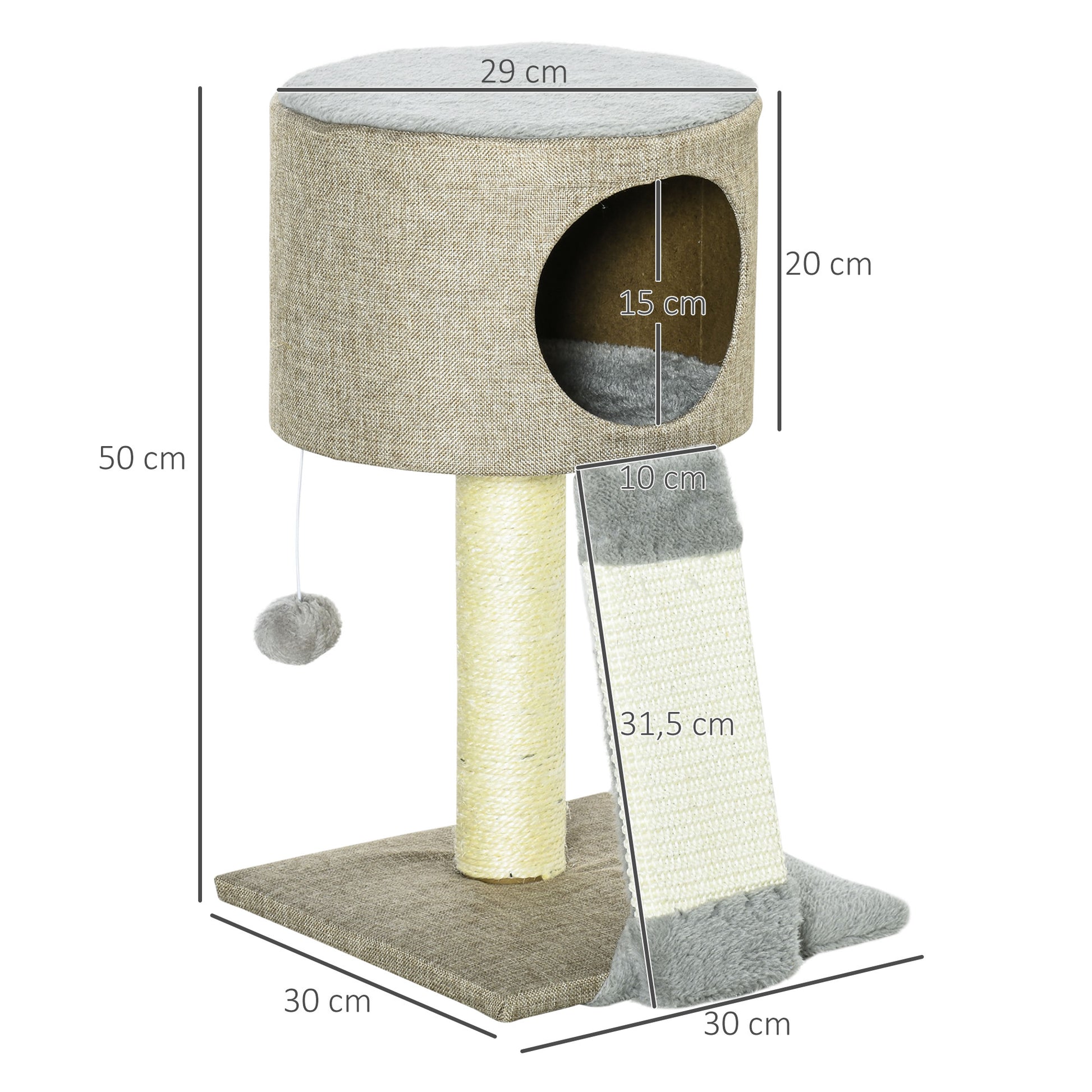 Pawhut Árbol Rascador Para Gatos Con Cueva Rampa Poste De Sisal Bola 30x30x50 Cm_2