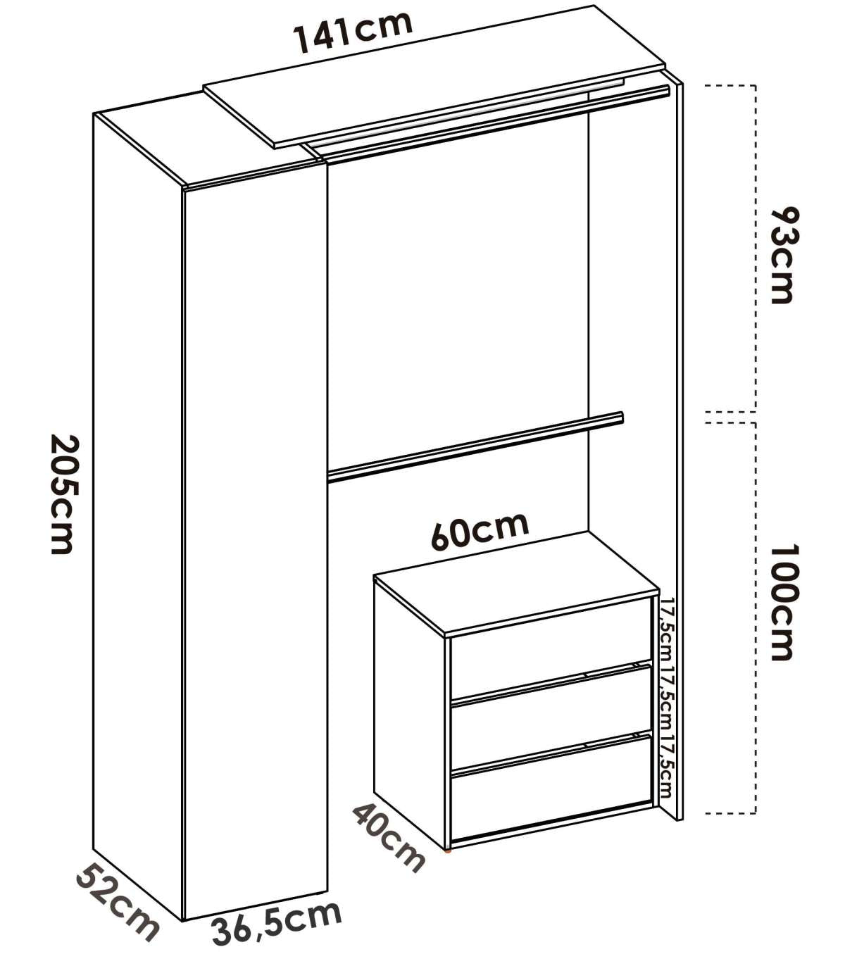 Vestidor Rus Con Columna Cerrada Cortina Cajonera Y Baldas En Blanco 205 Cm(alto)140,8 Cm(ancho)52 Cm(fondo)_3