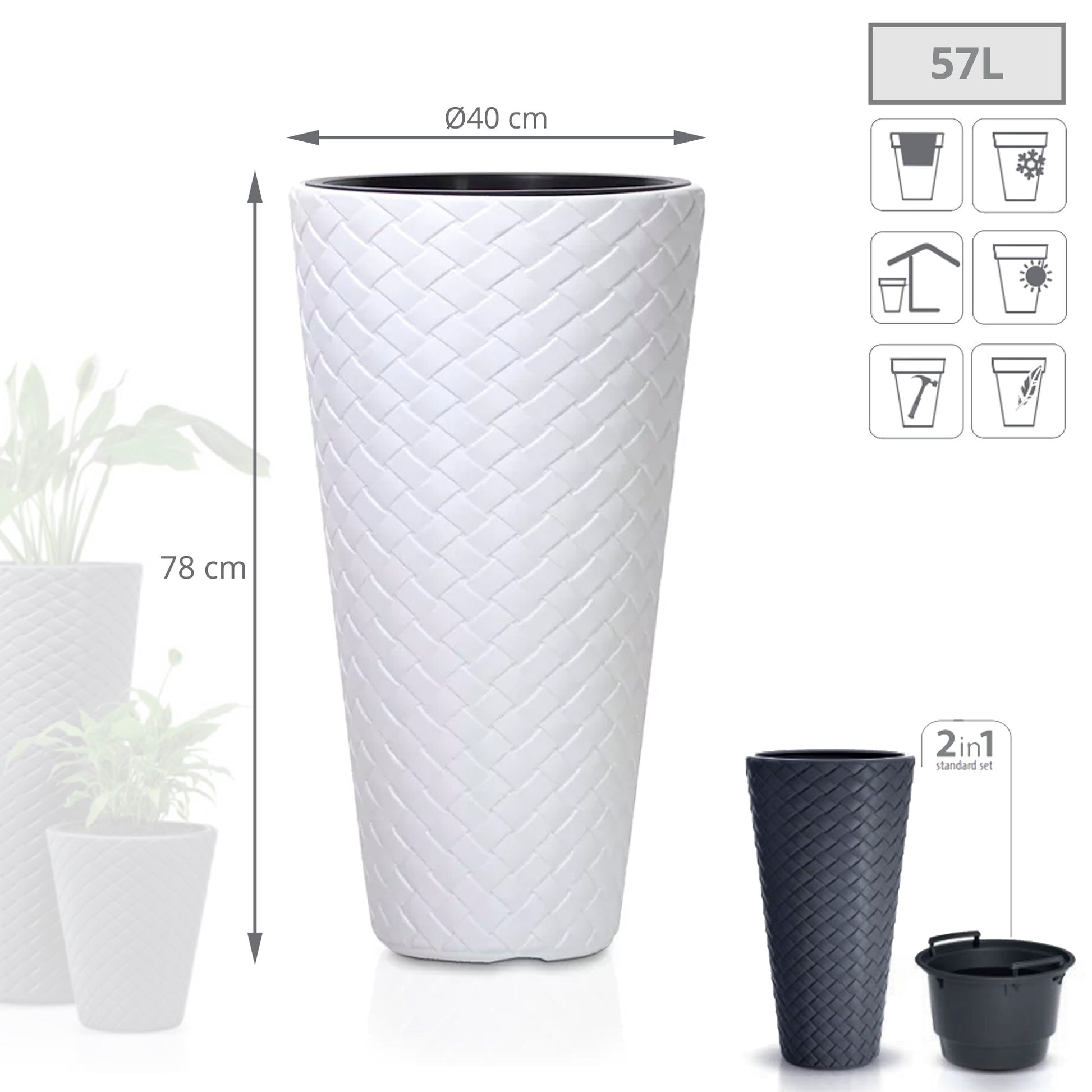 Macetero Slim Matuba 57l., Con Depósito, Dimensiones (mm) 400x400x780, Color Blanco