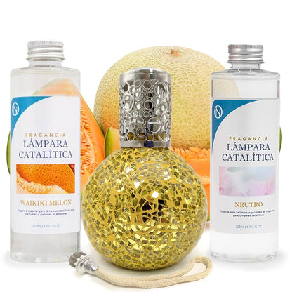 Pack Ahorro Lámpara Catalítica Mosaico Dorado + Fragancia Waikiki Melon 500ml + Limpiador Neutro 200ml + Mecha Repuesto_0