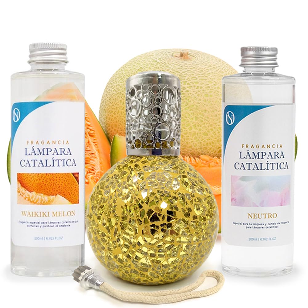 Pack Ahorro Lámpara Catalítica Mosaico Dorado + Fragancia Waikiki Melon 200ml + Limpiador Neutro 200ml + Mecha Repuesto_0