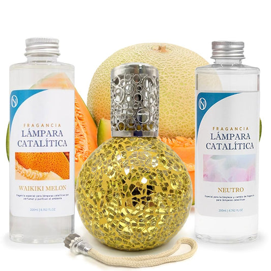 Pack Ahorro Lámpara Catalítica Mosaico Dorado + Fragancia Waikiki Melon 200ml + Limpiador Neutro 200ml + Mecha Repuesto_0