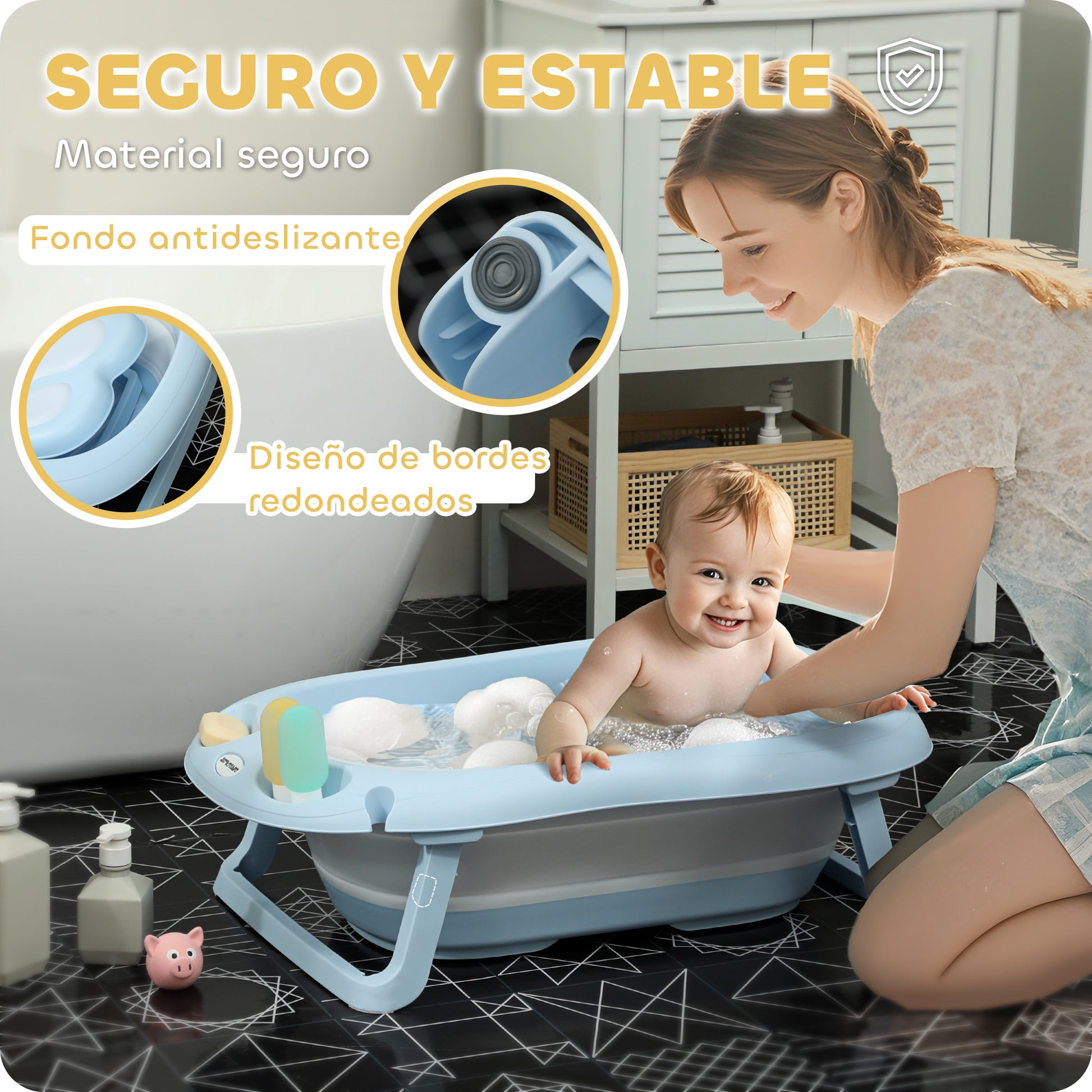Aiyaplay Bañera Plegable Con Soporte Agujero De Ducha 83x48x23,5 Cm Azul Claro_5