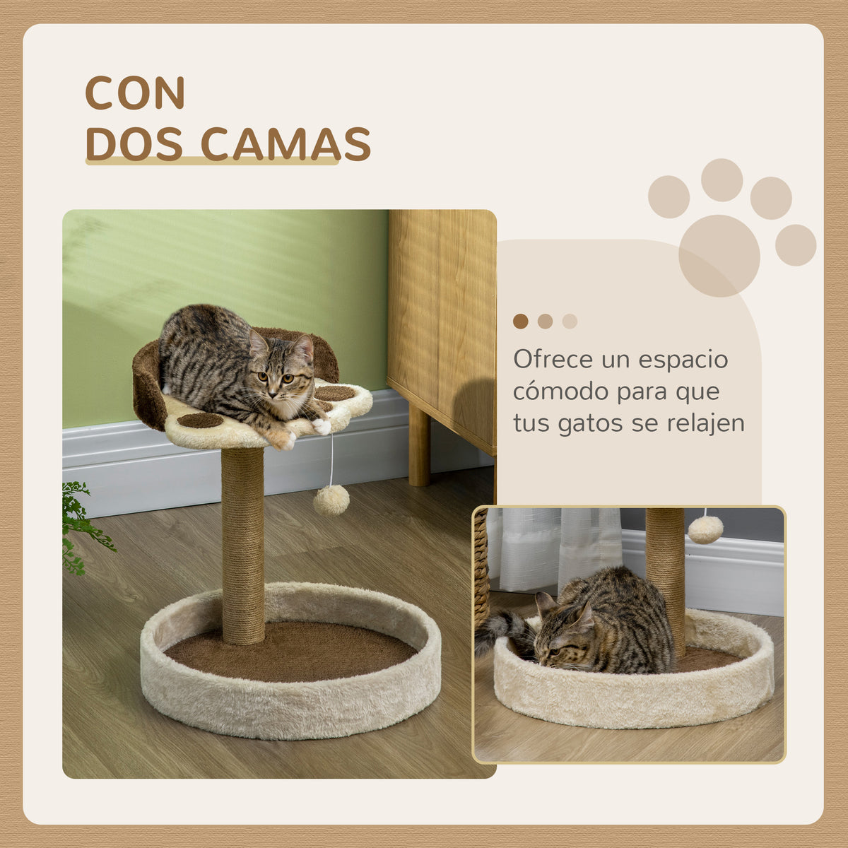 Pawhut Árbol Rascador Para Gatos Altura 44 Cm Con 2 Camas Poste De Yute Marrón_3