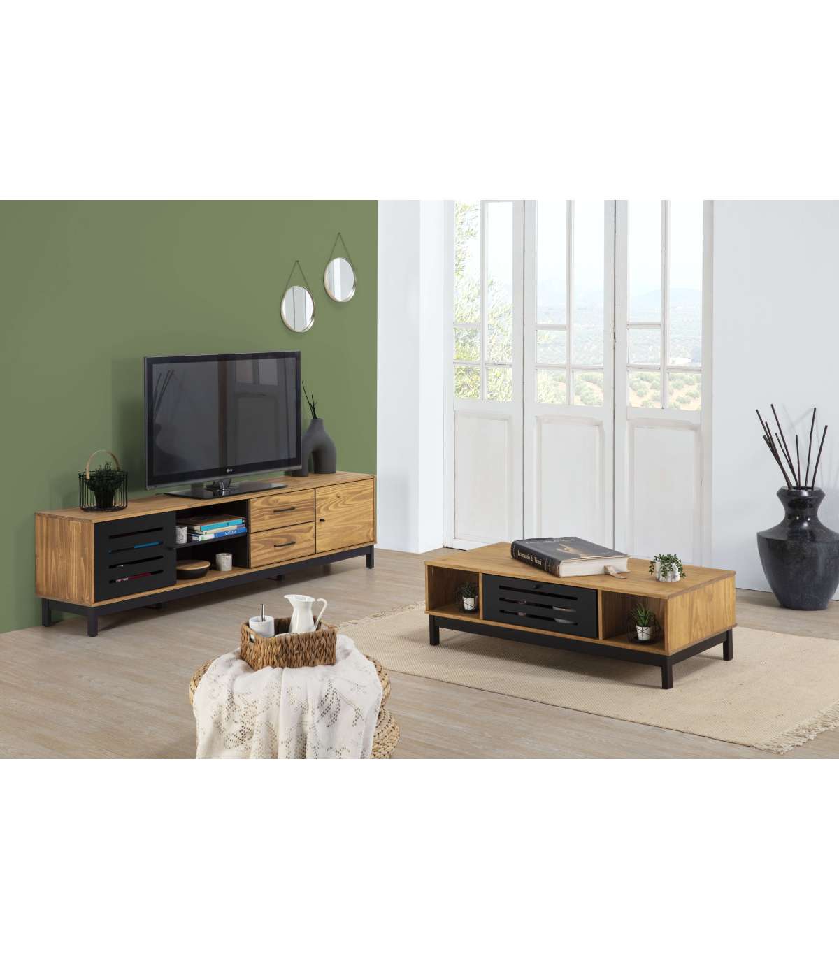 Mueble Para Televisión Modelo Alcoy 2 Puertas, 2 Huecos Y 2 Cajones Acabado Cera/negro, 186.5cm(ancho) 50.5cm(alto) 37cm(fondo)_0