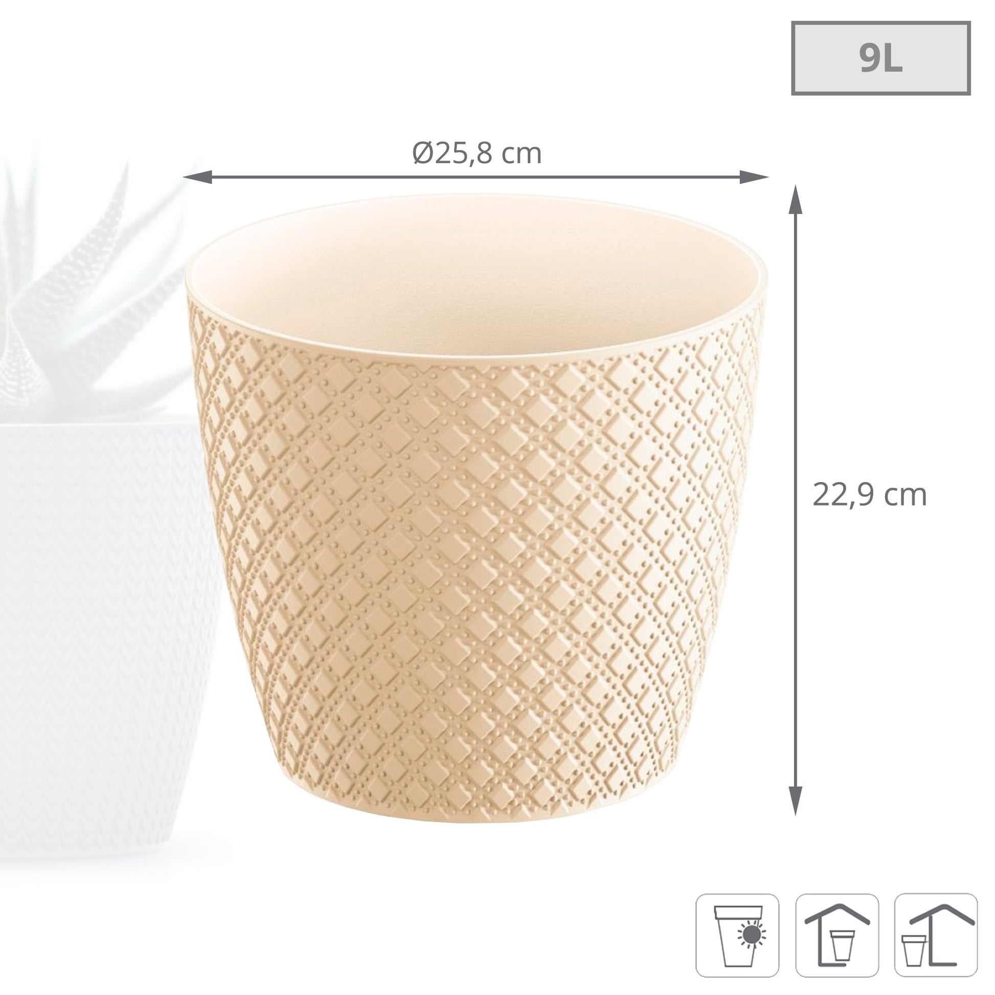 Maceta Orient 9l., Dimensiones (mm) 258x258x229, Color Crema_2