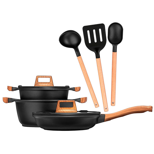 Batería Cocina Inducción Aluminio Fundido Antiadherente Sin Pfoa Set Cazuelas Sartén Utensilios Smile Mgk-23 Negro_0
