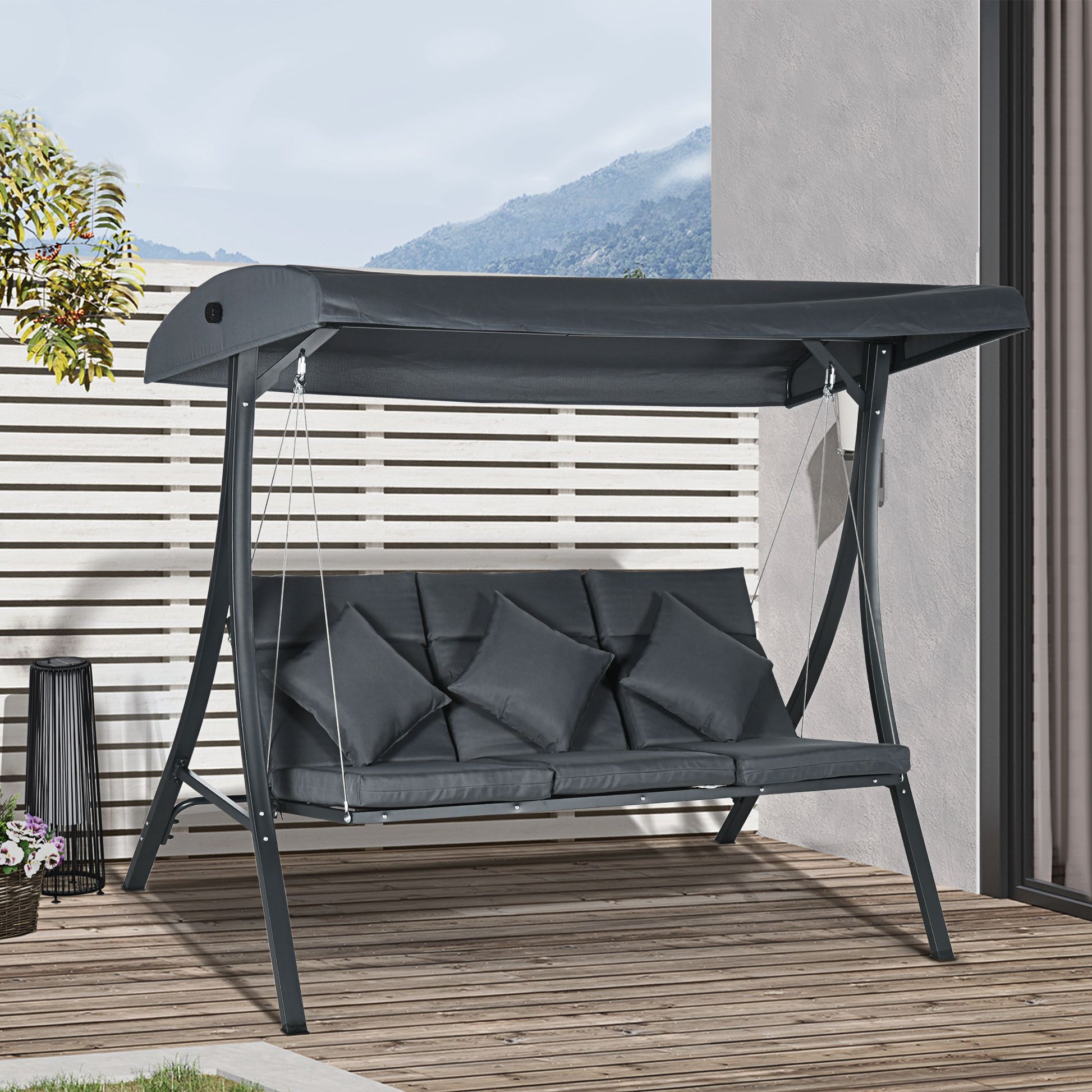 Outsunny Columpio De Jardín De 3 Plazas Con Toldo Ajustable 202x115x168 Cm Gris_1