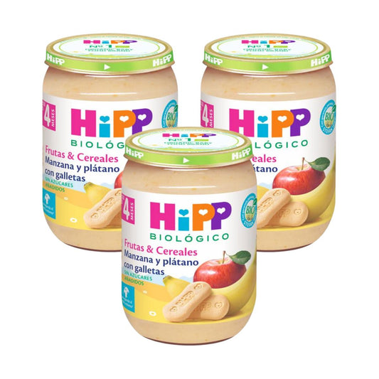 Embalagem x 3 Pote de Maçã e Banana Biológica com Bolachas +4 Meses HiPP 190 g
