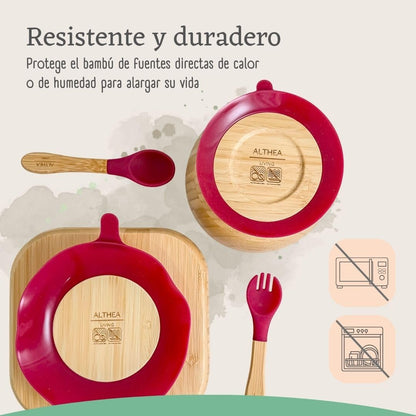 Vajilla De Bambú Natural - 4 Piezas - Rojo Carmesí._5