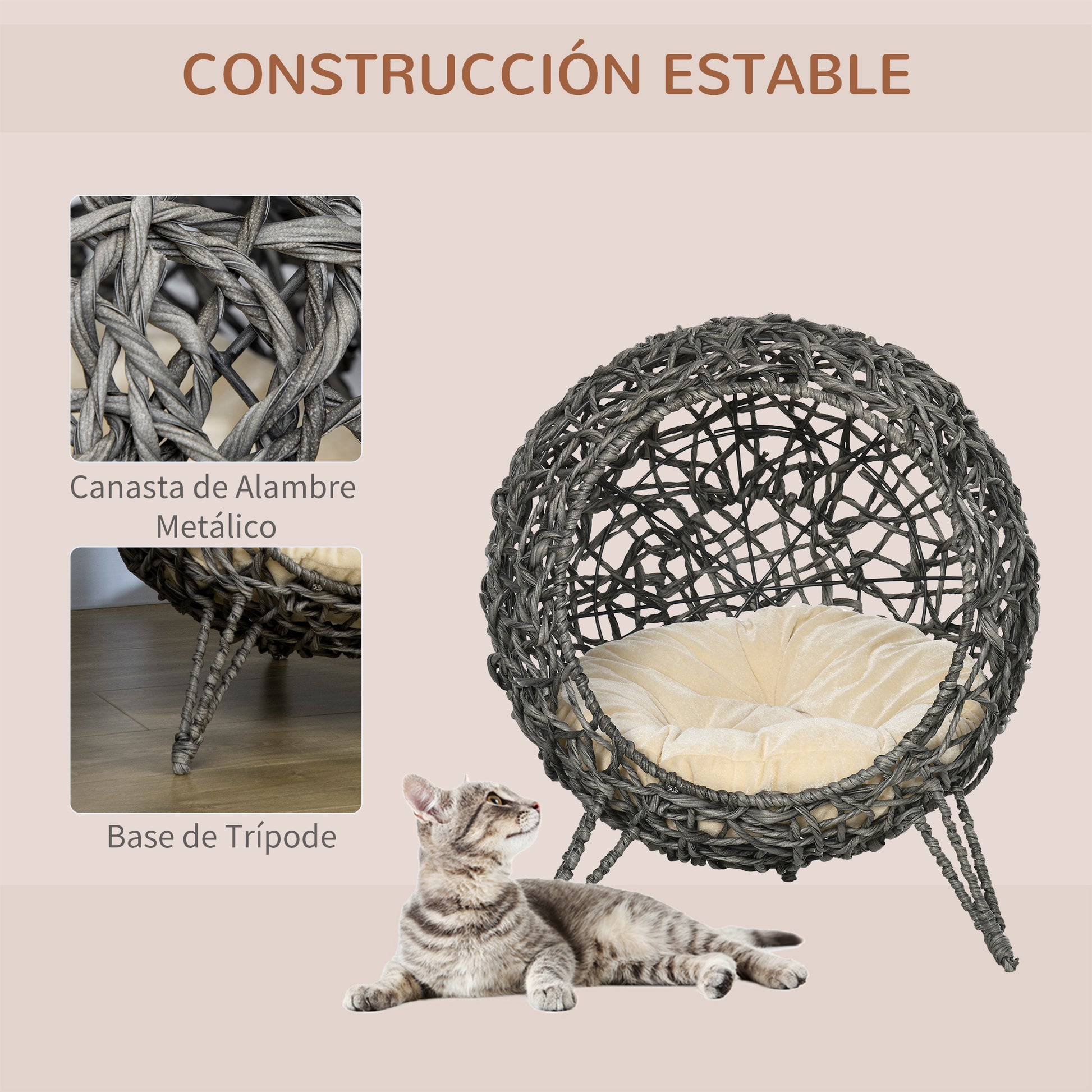 Pawhut Cueva De Ratán Con Cojín Para Gatos Base Elevada Con 3 Patas Φ52x58 Cm_5