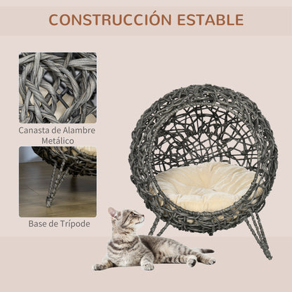 Pawhut Cueva De Ratán Con Cojín Para Gatos Base Elevada Con 3 Patas Φ52x58 Cm_5