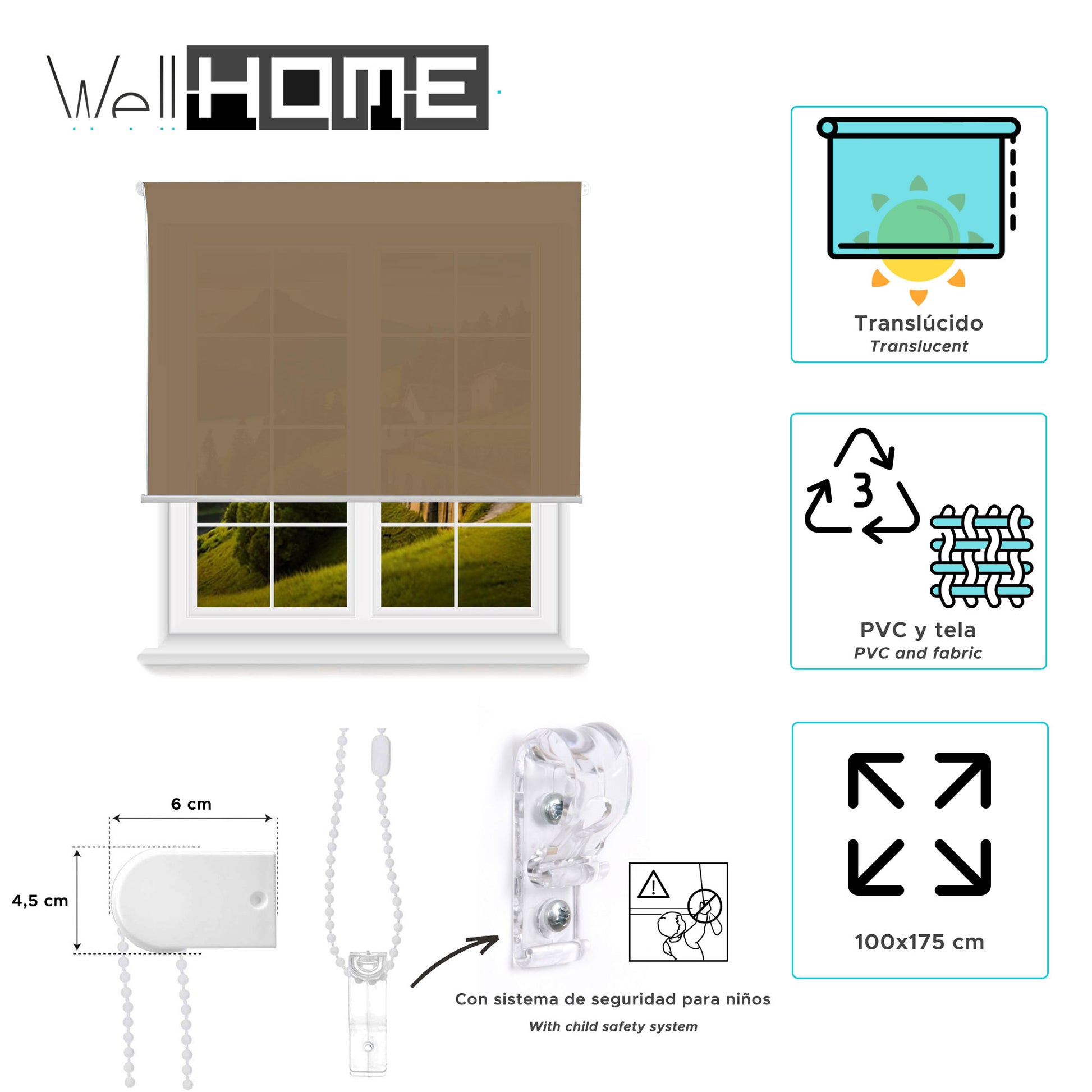 Estor Marrón 100x175cm Translúcido Enrollable Wellhome_1
