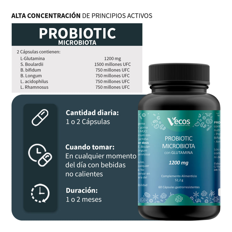 Probiotic Microflora Y Glutamina Vecos 60 Cápsulas | Revestimiento Intestinal | Glutamina 1200 Mg_2