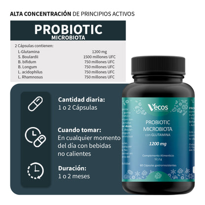 Probiotic Microflora Y Glutamina Vecos 60 Cápsulas | Revestimiento Intestinal | Glutamina 1200 Mg_2