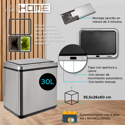 Cubo Reciclaje 15l+15l Sin Patas Apertura Auto Gris_1