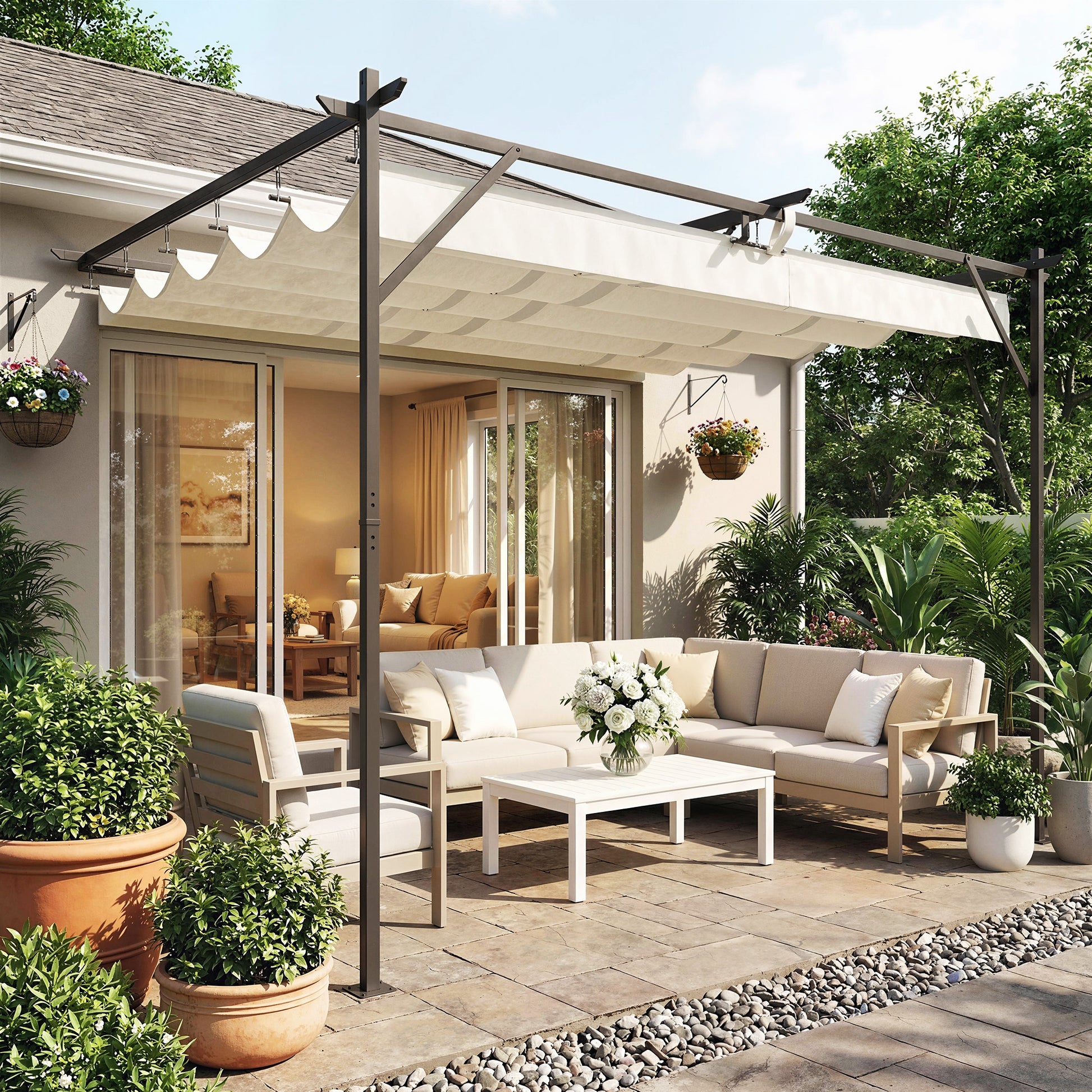 Outsunny Pérgola De Pared 4x3 M Con Techo Retráctil Upf30+ Blanco Crema_1