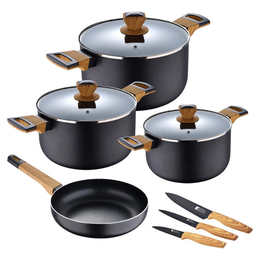 Trem de cozinha com 10 peças, 3 panelas com tampa + 1 frigideira + 3 facas, fabricado em alumínio prensado, BERGNER Earth compatível com todos os tipos de panelas