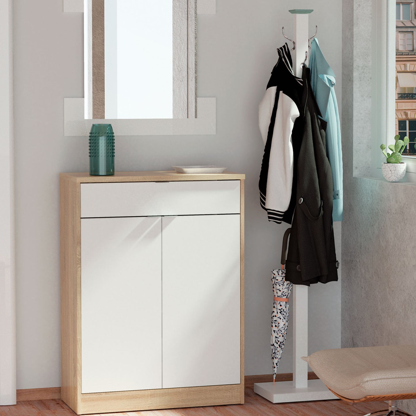 Zapatero Entrada Recibidor, Mueble Auxiliar Estrecho Zapatos, 2 Puertas, 1 Cajón 101x75x36 Cm, Briebe, Domus, Blanco_2