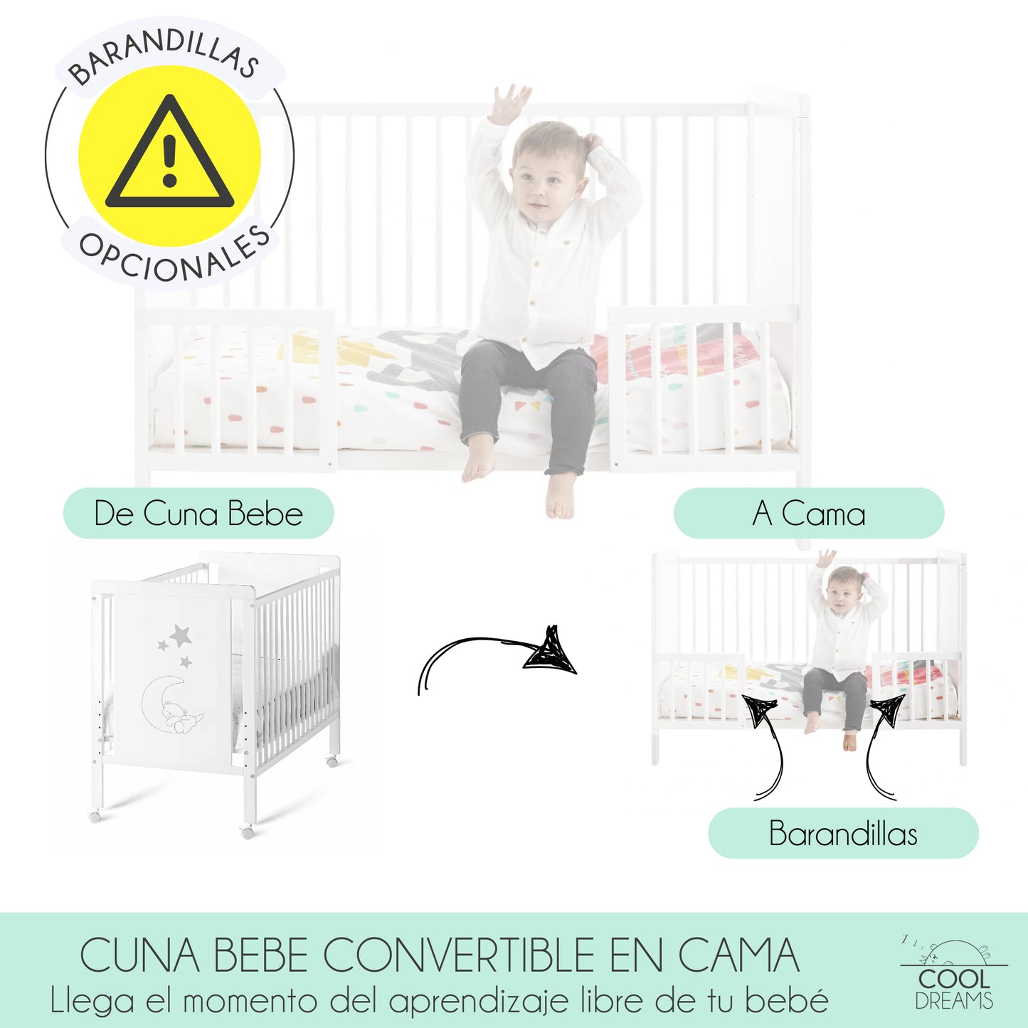 Cuna Colecho De Bebé Indi Estilo Nórdico Infantil 120x60 Cm, Con Kit Colecho, Bajera Y Encimera 100% Algodón_3