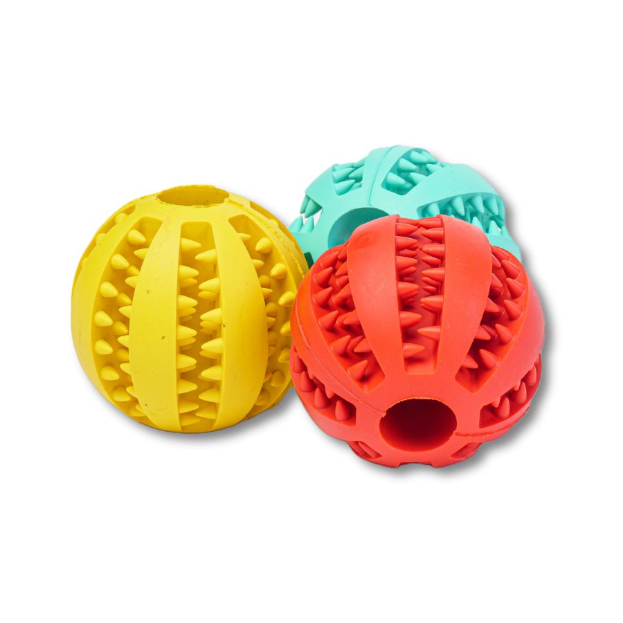 3 Pelotas Para Perro Dental De 8cm En Colores Surtidos, Con Estrias Y Hueco Interior Para Premios_0
