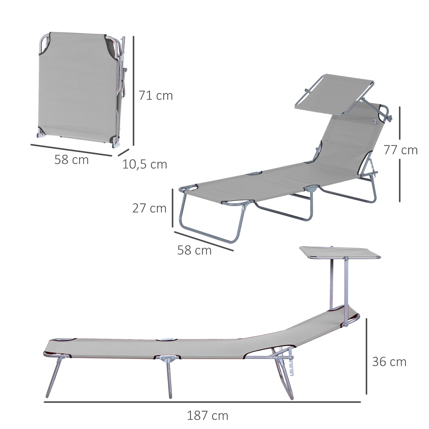 Outsunny Set De 2 Tumbonas De Jardín Plegables Con Toldo 187x58x36cm Gris Claro_2