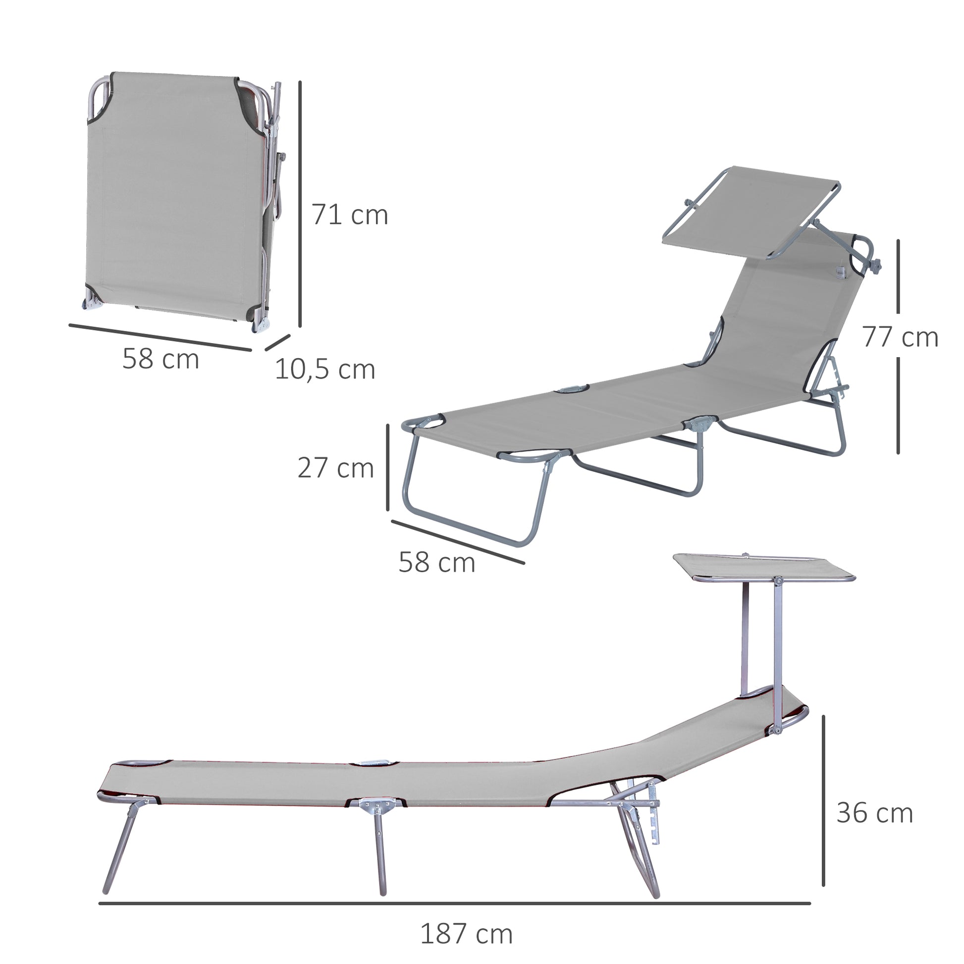 Outsunny Set De 2 Tumbonas De Jardín Plegables Con Toldo 187x58x36cm Gris Claro_2