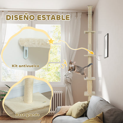 Pawhut Árbol Para Gatos De Suelo A Techo 225-275 Cm Con Plataformas Crema_5