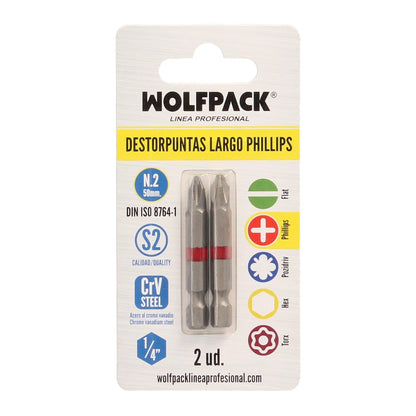 Puntas Largas Destornillador Phillips Nº 2 (2 Piezas). Acero S2 Al Cromo Vanadio. Puntas Hexagonales, Destorpuntas,