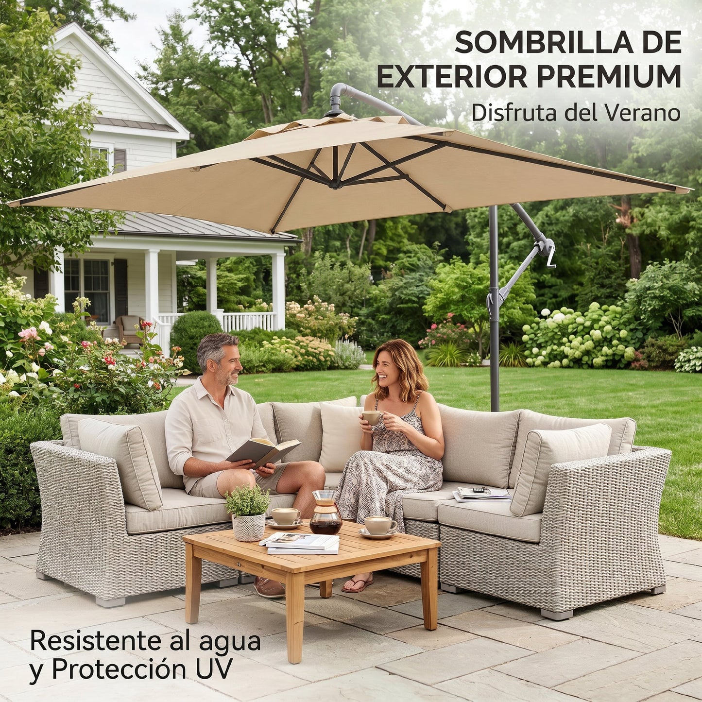 Outsunny Parasol Excéntrico 294x193 Cm Con Base Cruzada Impermeable Beige_4
